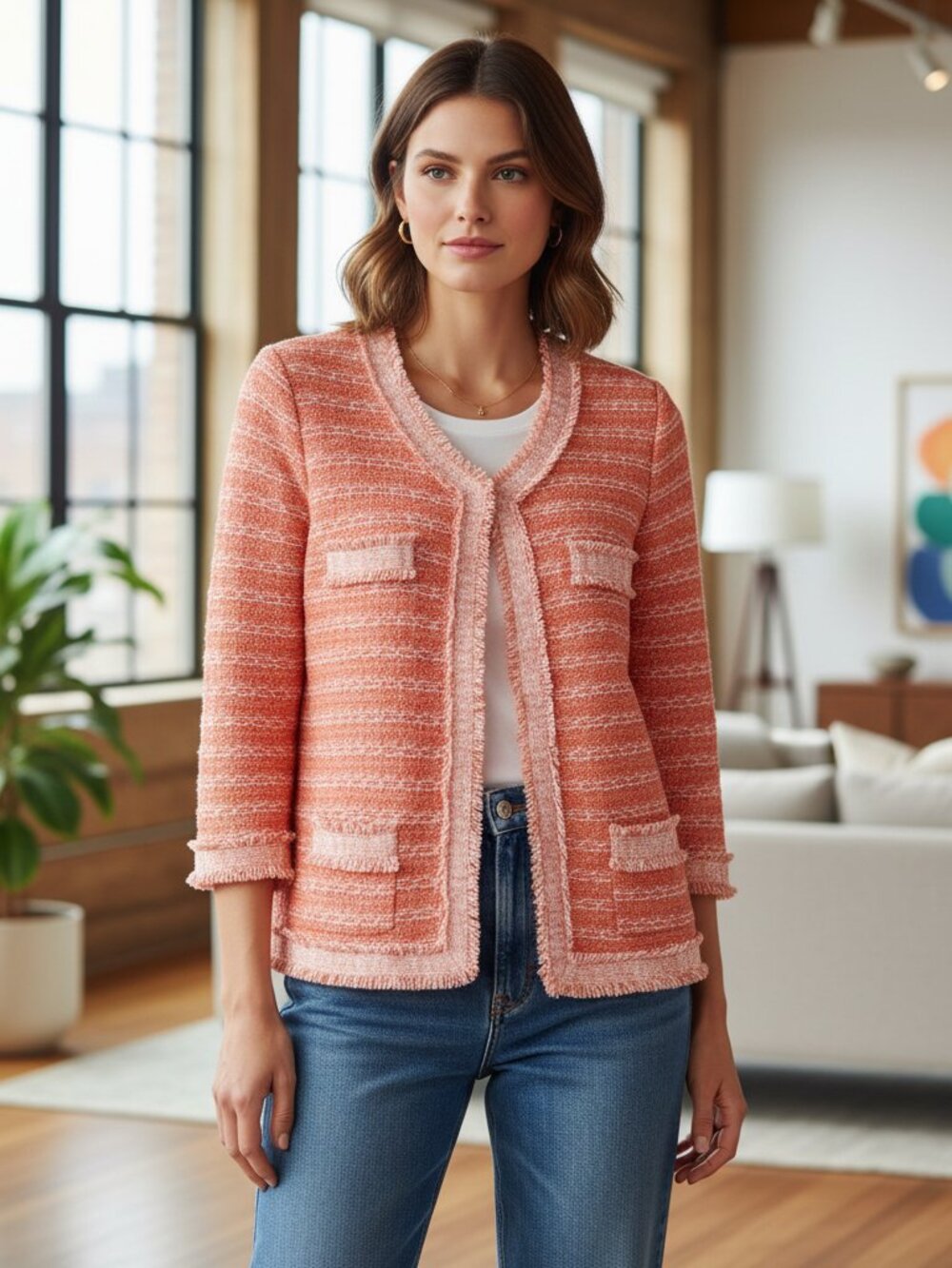 RQT Jacket M Blazer Button Coral Peach Fringe 3/4 Sleeve Knit Coastal Cottage
